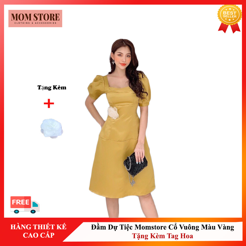 Đầm Vàng Cổ Vuông Momstore Xinh Xắn (Tặng Kèm Tag Hoa) Đầm Dự Tiệc Form Đơn Giản Sang Trọng