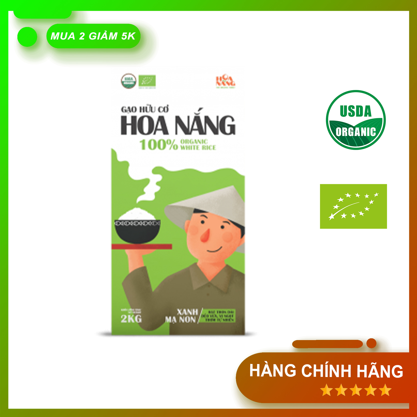 Gạo hữu cơ hoa nắng - xanh mạ non 2kg kho hữu cơ