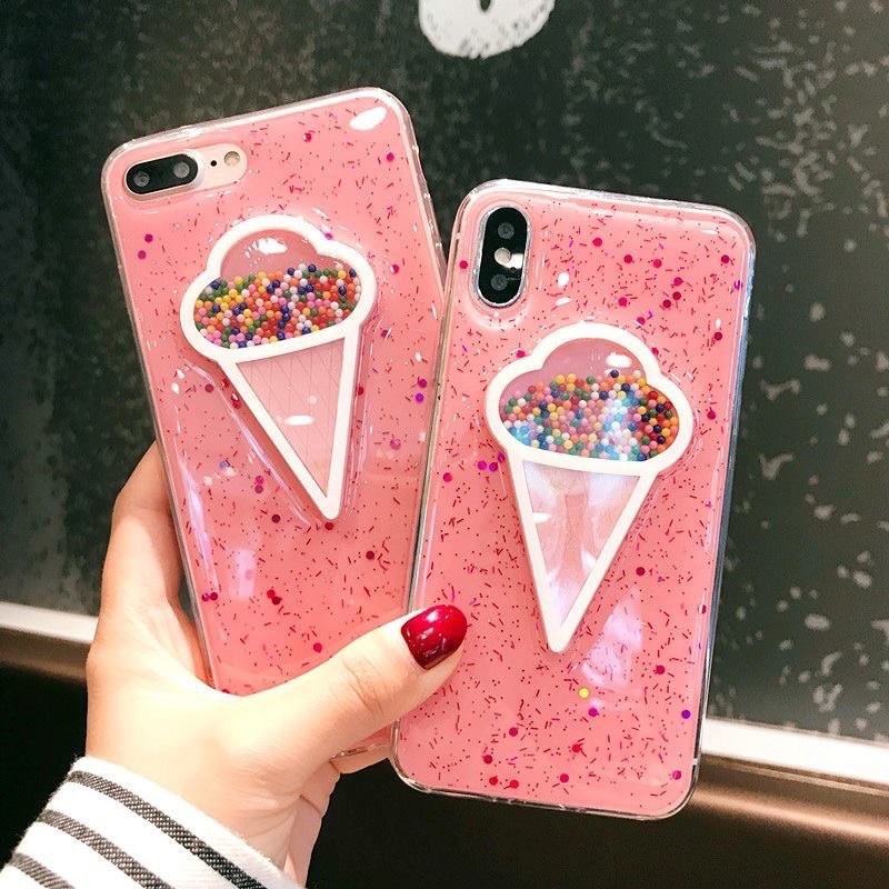 Ốp điện thoại mềm kim sa lấp lánh phối cây kem ốc quế 3D xinh xắn cho Iphone 6/6sPlus