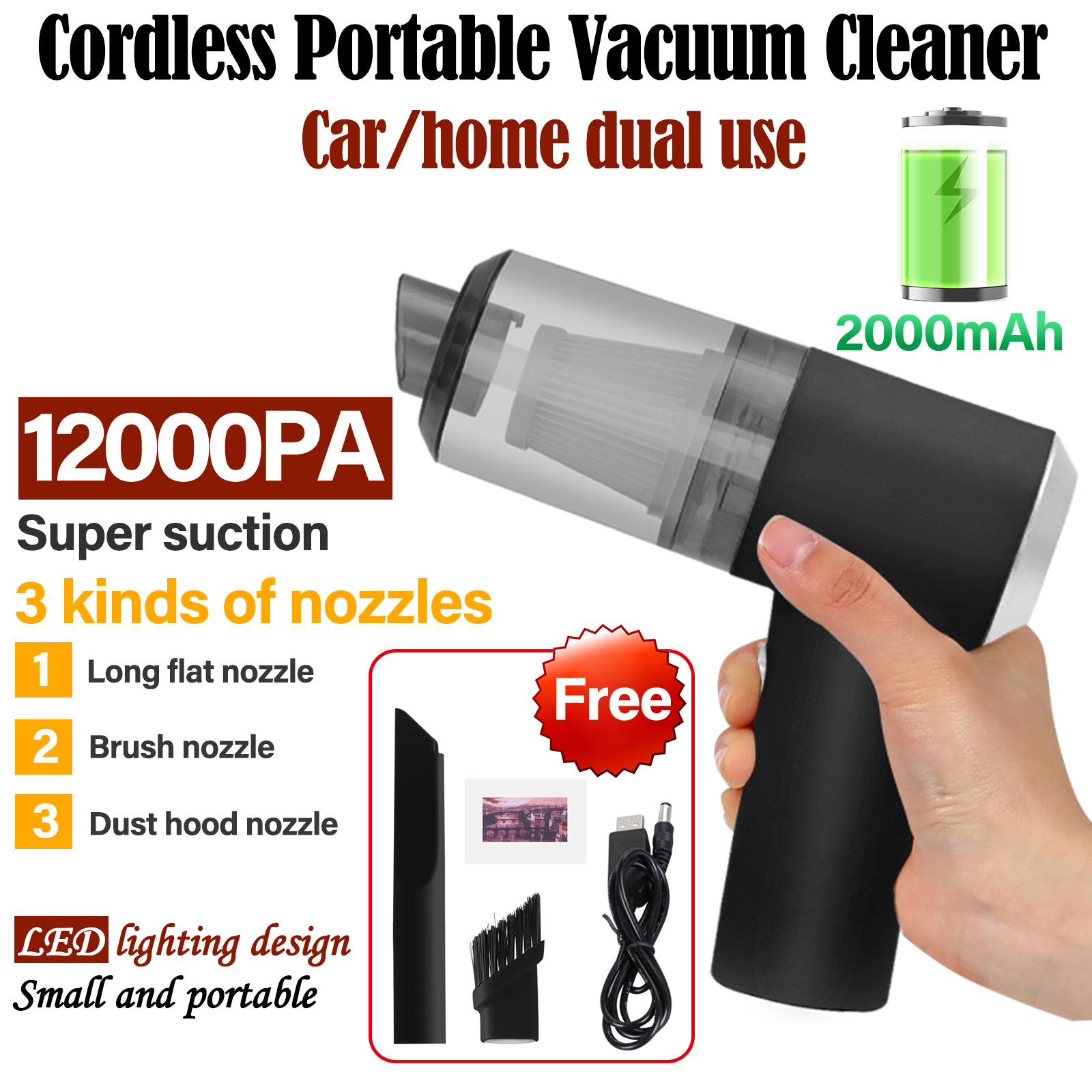 Máy hút bụi cầm tay mini, Máy hút bụi ô tô mini cầm tay không dây 12000PA - Máy hút bụi không dây đa năng lực hút siêu mạnh sử dụng hút bụi ô tô, bụi giường Máy hút bụi ô tô không dây