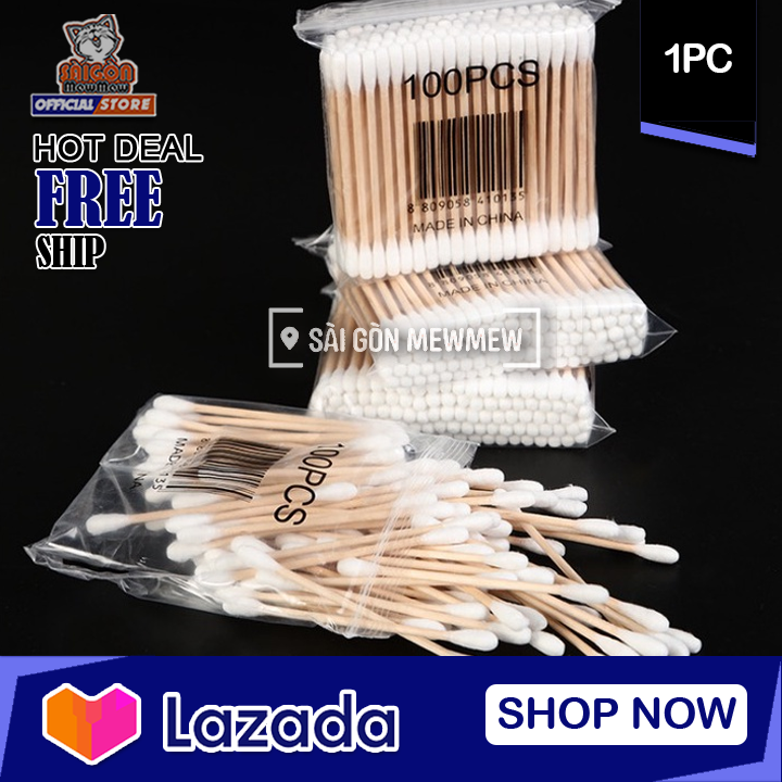Bịt 100 tăm bông cán gỗ vệ sinh tai cho thú cưng