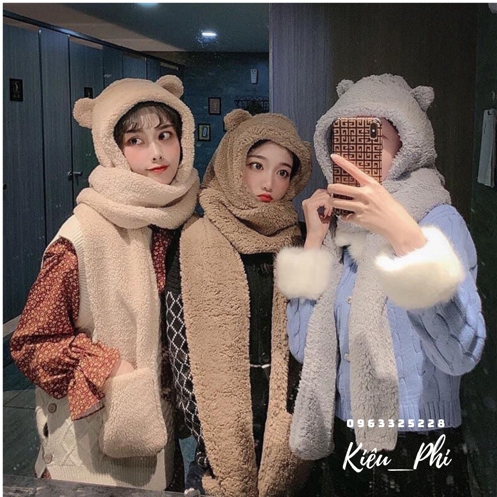 Mũ len lông cừu tai gấu chụp đầu giữ ấm mùa đông dễ thương Ulzzang Hàn Quốc mũ tai gấu chụp đầu choàng cổ
