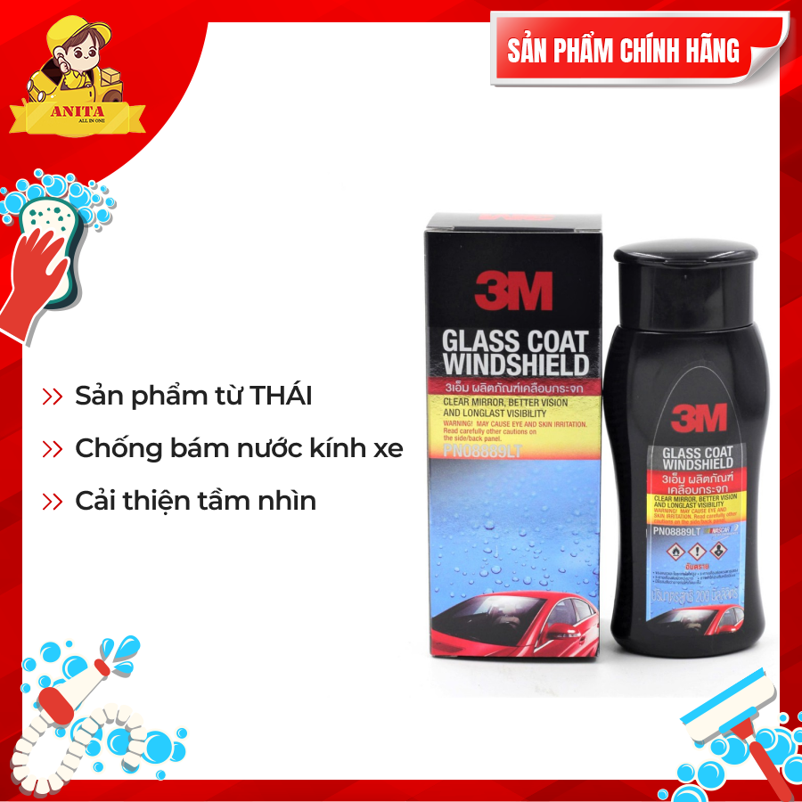 Dung dịch chống bám nước trên kính xe, chai chống bám nước kính ô tô, chống bám nước gương hậu 3M 08889LT