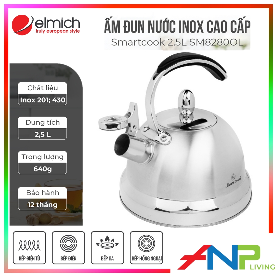 Ấm đun nước siêu tốc bằng inox 304 dùng cho bếp từ elmich smartcook sm8280ol - hàng chính hãng