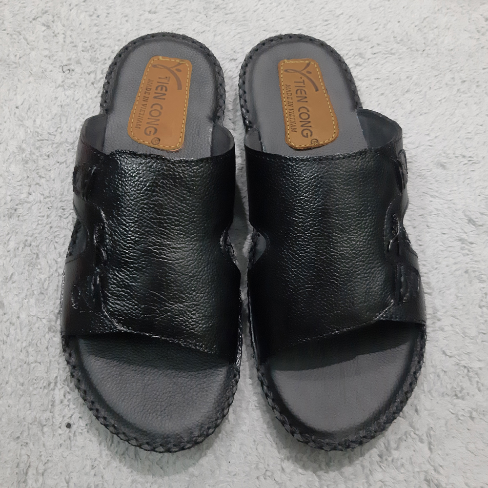 [CÓ QUAY VIDEO] Dép Nam Quai Ngang Da Bò Thật Tiến Công Màu Đen Sang Trọng Bền Đẹp - TCF1036