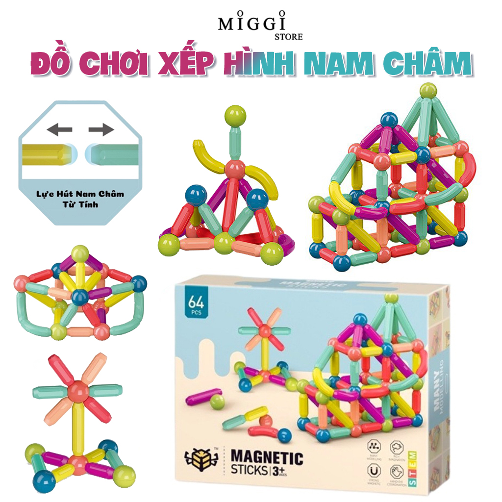 Bộ xếp hình nam châm Magnetic Sticks - 64 Chi Tiết - Đồ chơi phát triển trí tưởng tượng sáng tạo cho bé - Đồ Chơi Nam Châm Xếp Hình Thông Minh Cao Cấp
