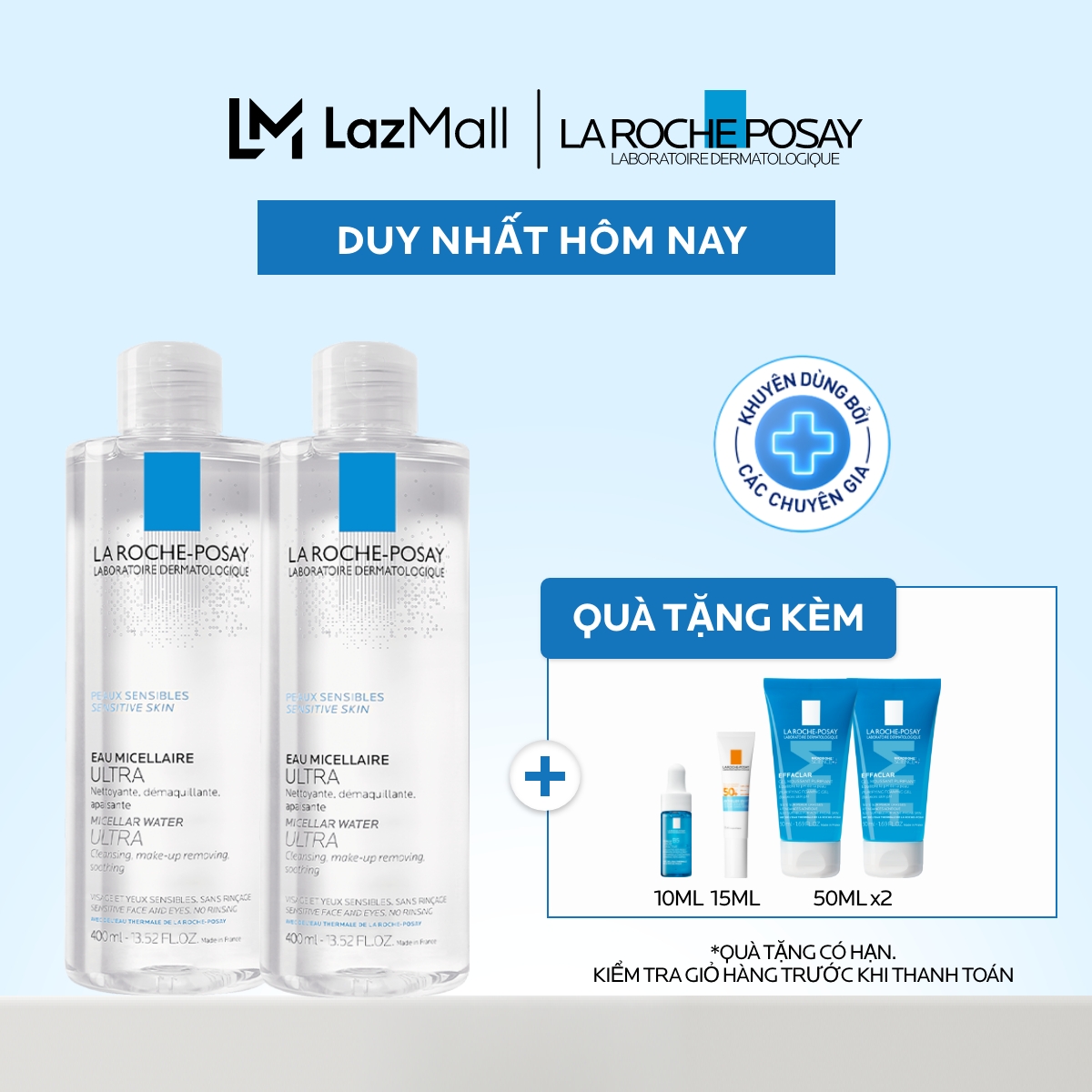Bộ đôi nước làm sạch sâu và tẩy trang cho da nhạy cảm La Roche-Posay Micellar Water Ultra Sensitive Skin 400ml