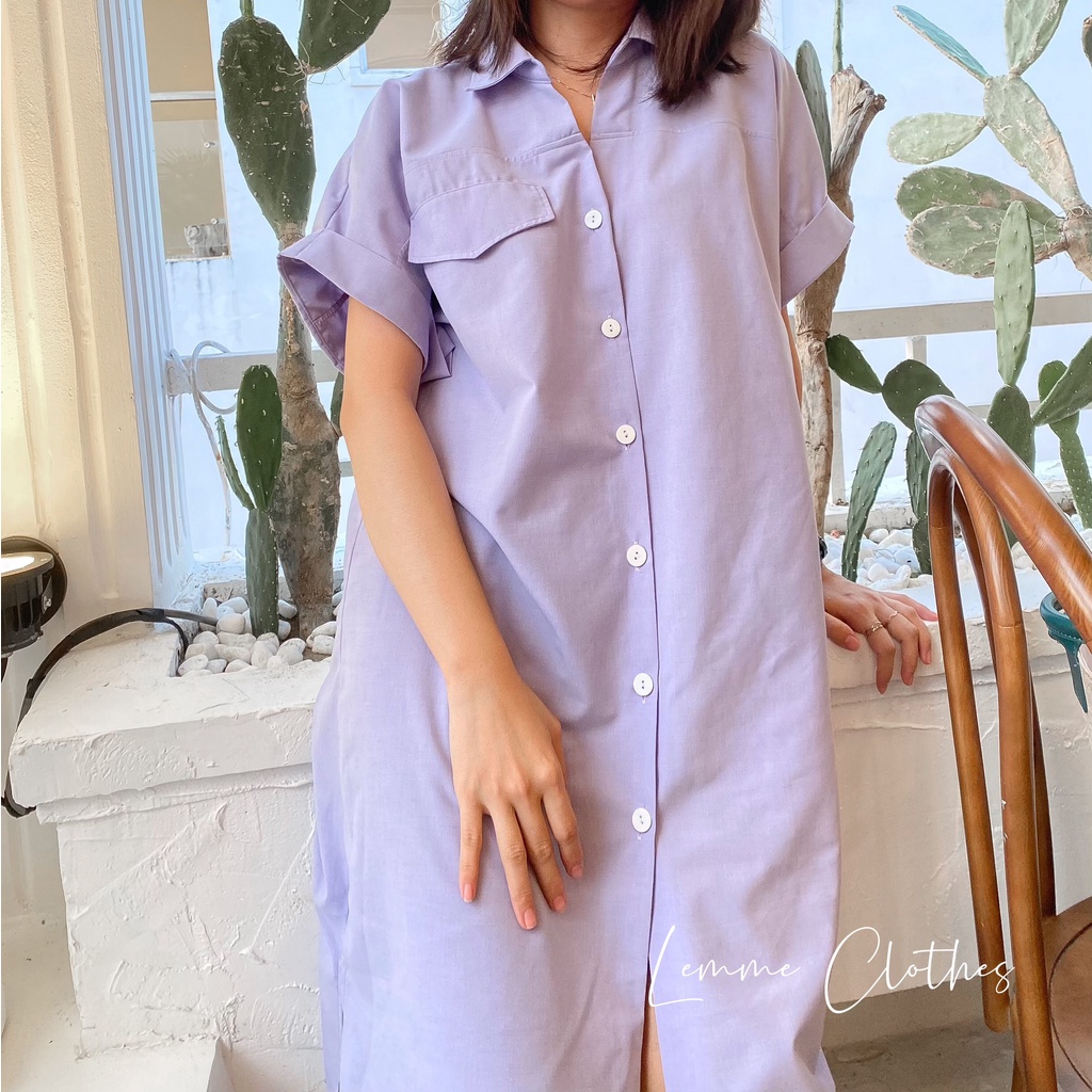 Đầm sơ mi tay ngắn fom rộng xẻ tà-lemme