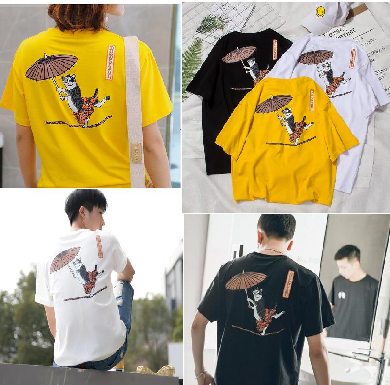 Áo thun tay lỡ freesize phối hình chú chuột làm xiếc cầm dù KA025 phong cách Nhật  form rộng siêu hot cho nam nữ