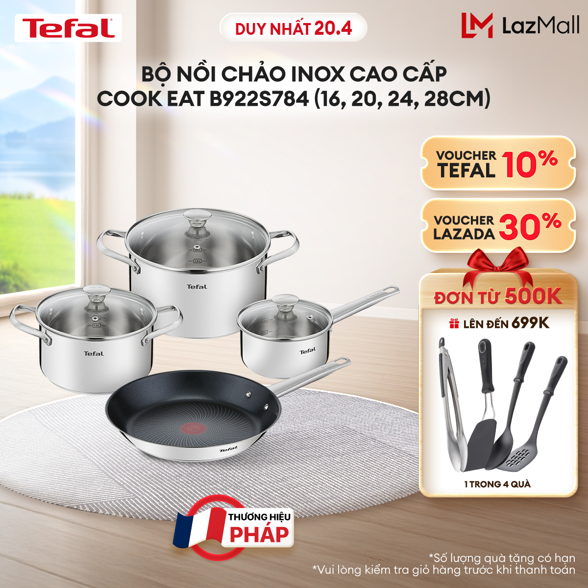 [NHẬP MÃ TEFALOFF30T4 GIẢM 30%] Bộ nồi chảo Inox 18/10 (Inox 316) chống dính cao cấp Cook Eat B922S784 