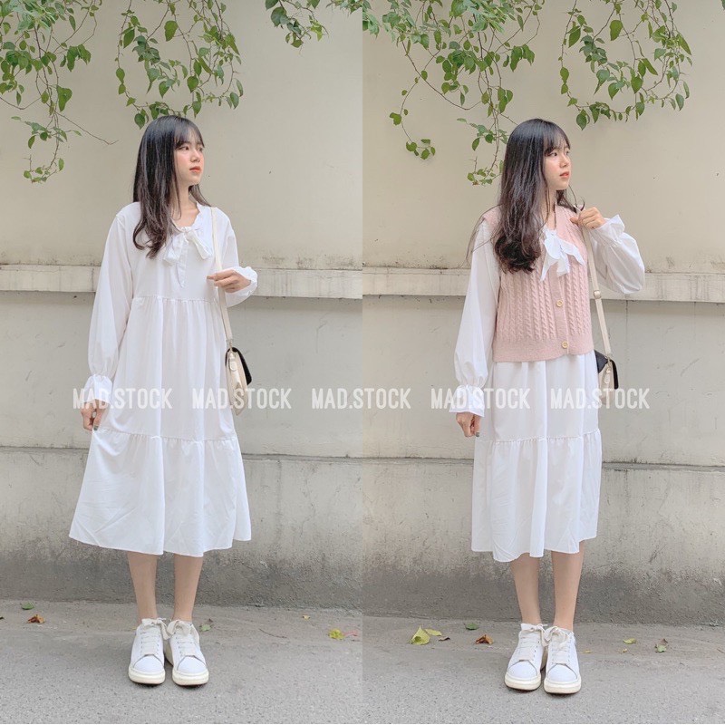 Đầm babydoll nơ cổ trắng/ váy babydoll dáng xoè tay dài phồng chất đũi nơ cổ trắng r3