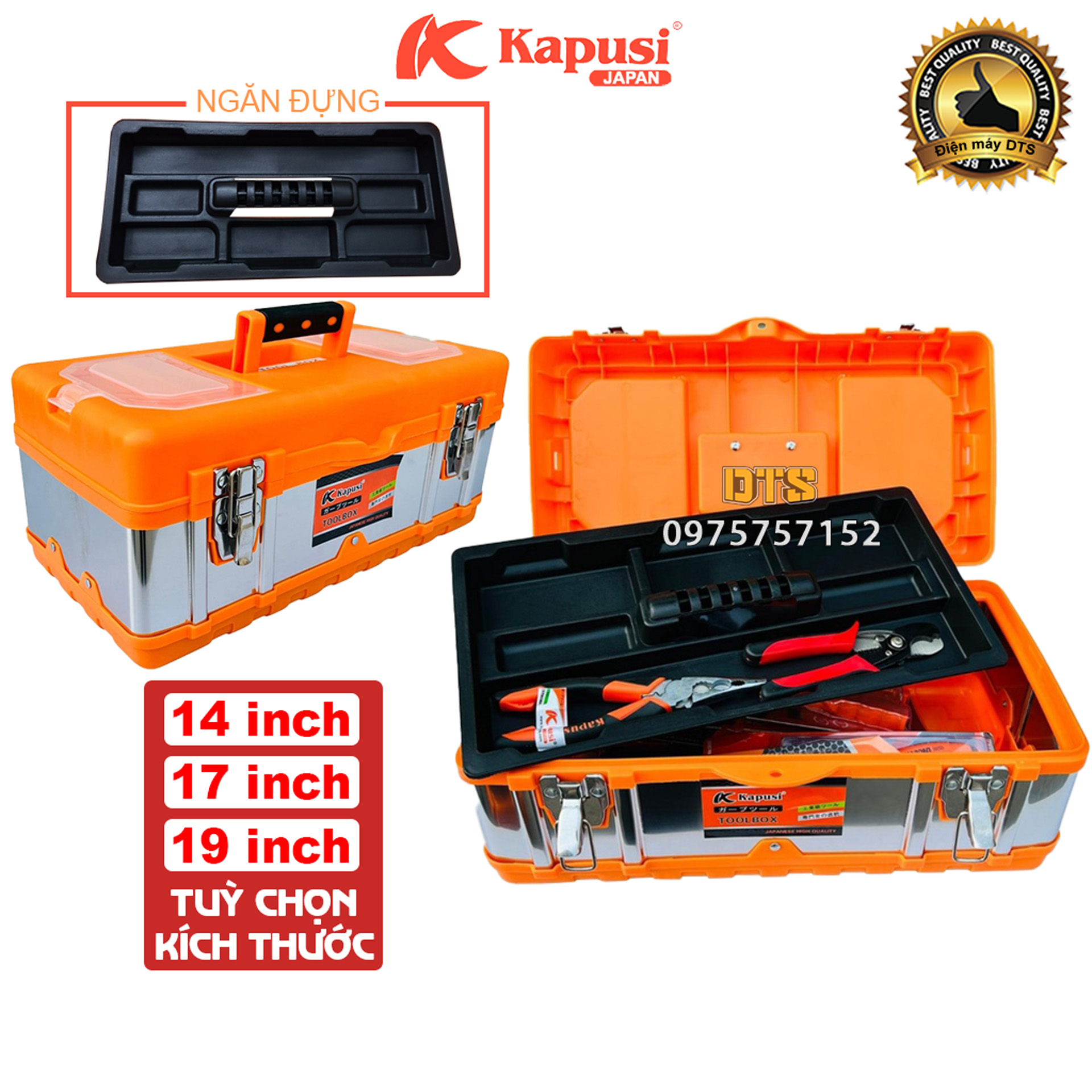  Hộp đựng đồ nghề thùng dụng cụ thân INOX Kapusi đủ size 14 17 19'' - Hộp đựng dụng cụ đa năng cầm tay có nắp khoá kim loại | Hộp đựng đồ câu cá hộp đựng đồ nghề cơ khí máy móc 