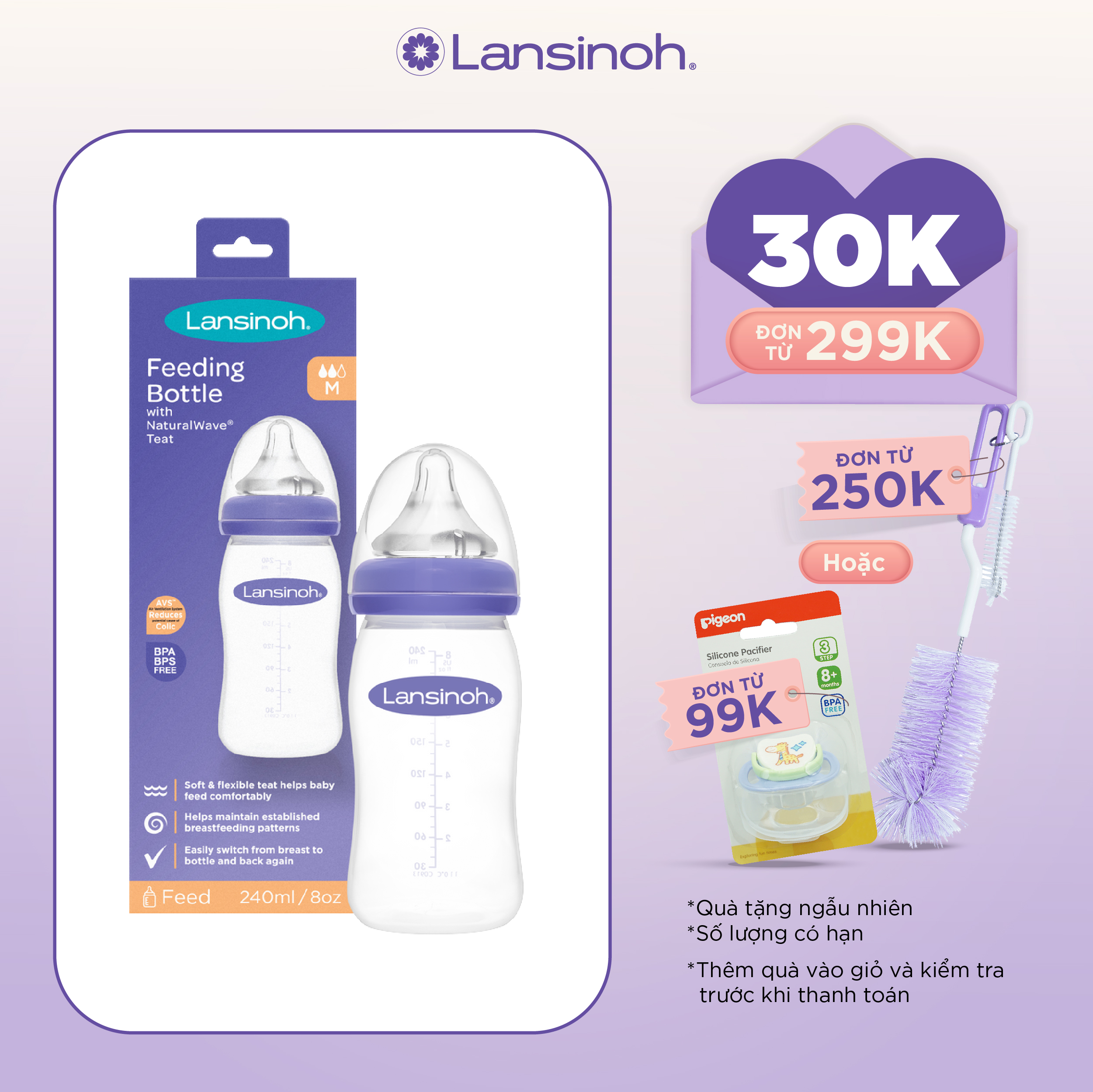 [SIÊU GIẢM GIÁ - VOUCHER 30K] Bình sữa cổ rộng Lansinoh 240ml (M)