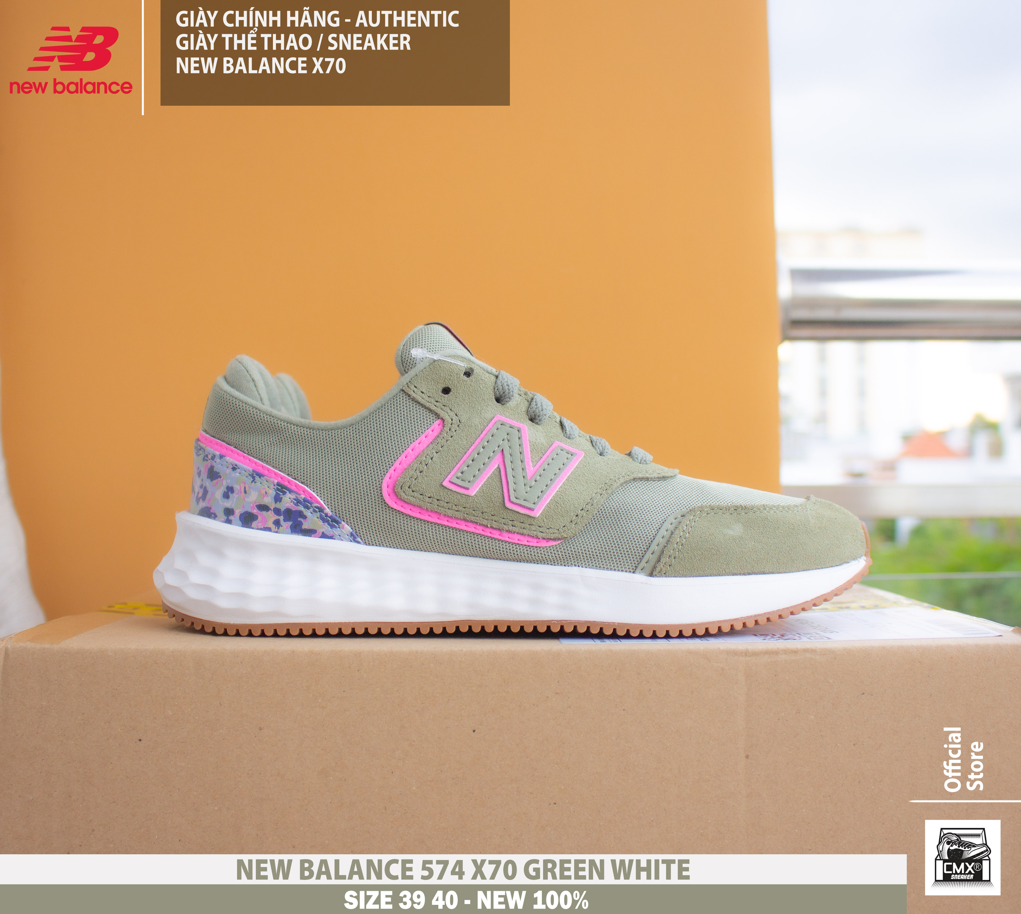 😘 giày new balance x70 green white running - authentic 100%