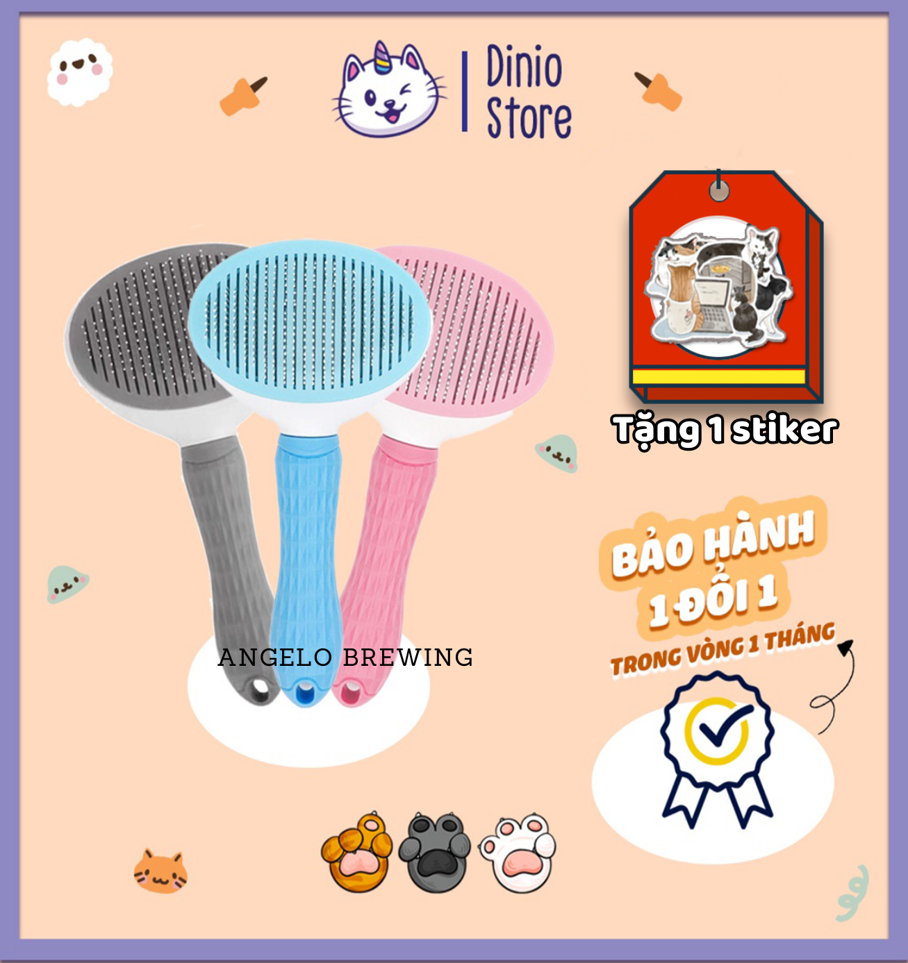 Lược chải lông chó mèo có nút bấm Diniopet chải lông chó mèo rụng