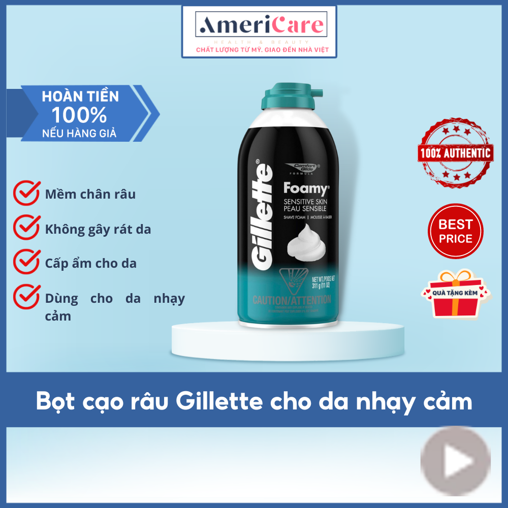 [Bill Mỹ] Bọt Kem Cạo Râu cho da nhạy cảm Gillette Foamy Shave Foam Sensitive Skin Peau Sensible 311g