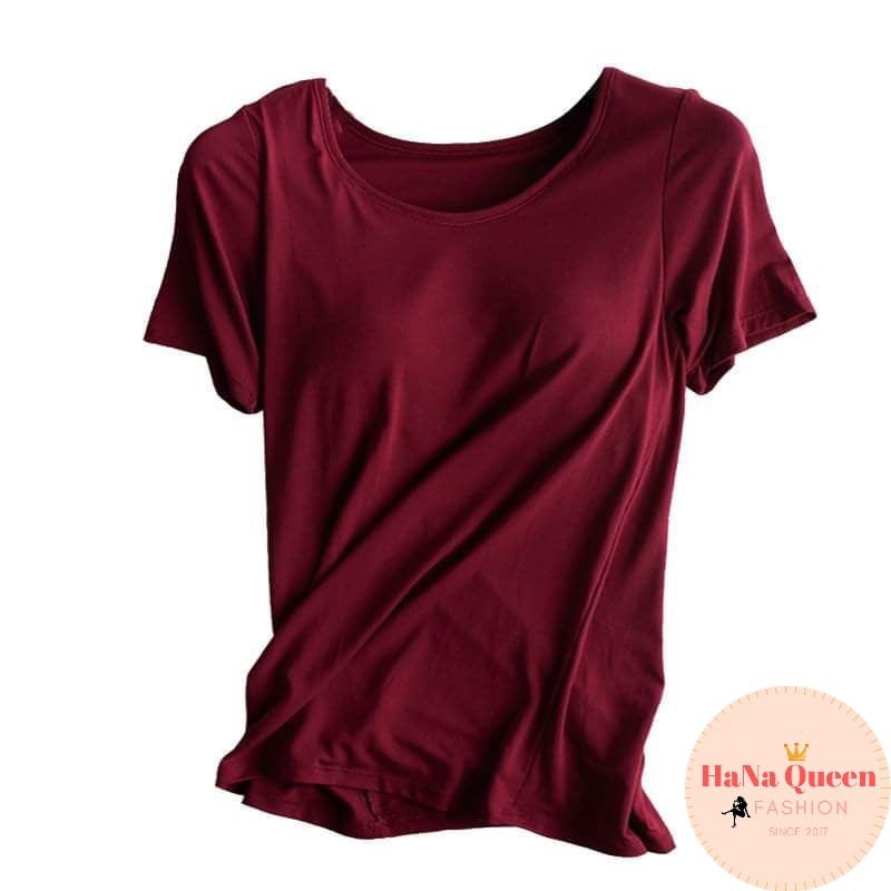 Áo phông nữ cộc tay kèm bra liền, cổ tròn, nhiều màu chất vải cotton thoáng khí thấm hút tốt