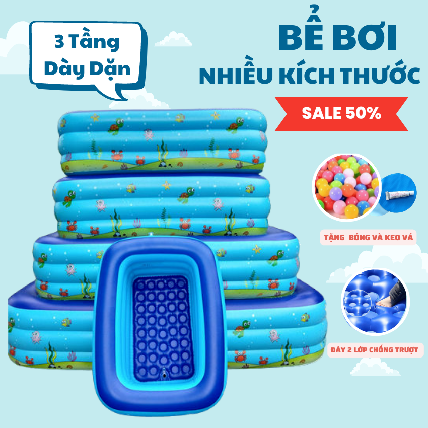 Hồ bơi gia đình, phao bể bơi - bể bơi hình chữ nhật 3 tầng, dày dặn, chống trượt, nhiều kích thước 1m2, 1m3, 1m5, 1m8, 2m1, 2m6, 3m - bảo hành 1 đổi 1 trong 7 ngày