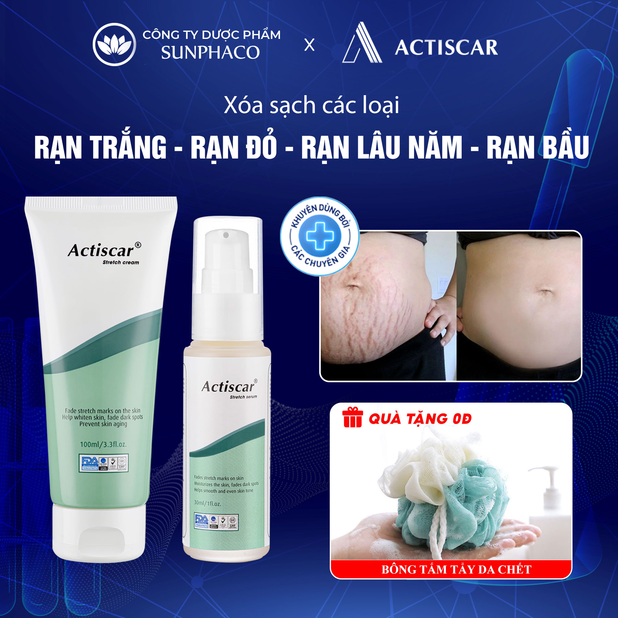 Bộ kem serum rạn da làm mờ rạn trắng, rạn đỏ actiscar xóa sạch rạn bà bầu, rạn do tăng cân, dậy thì, rạn lâu năm