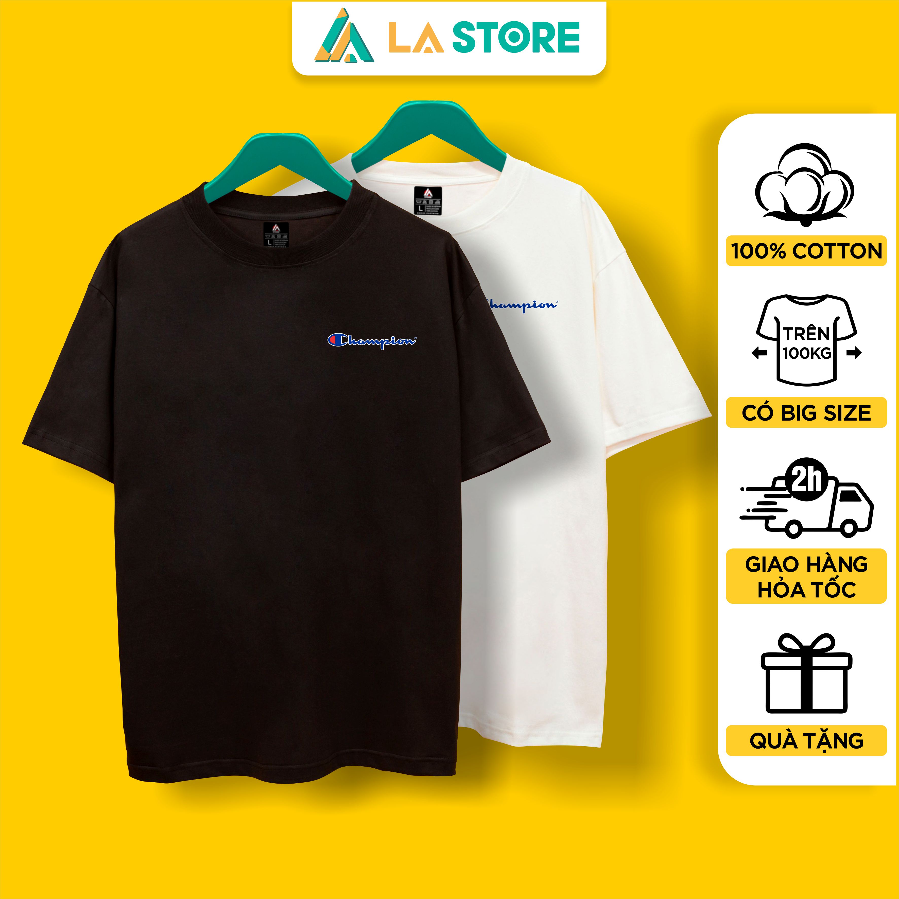 Áo thun unisex cotton champion logo nhỏ form rộng tay lỡ nam nữ có big size | lạ store