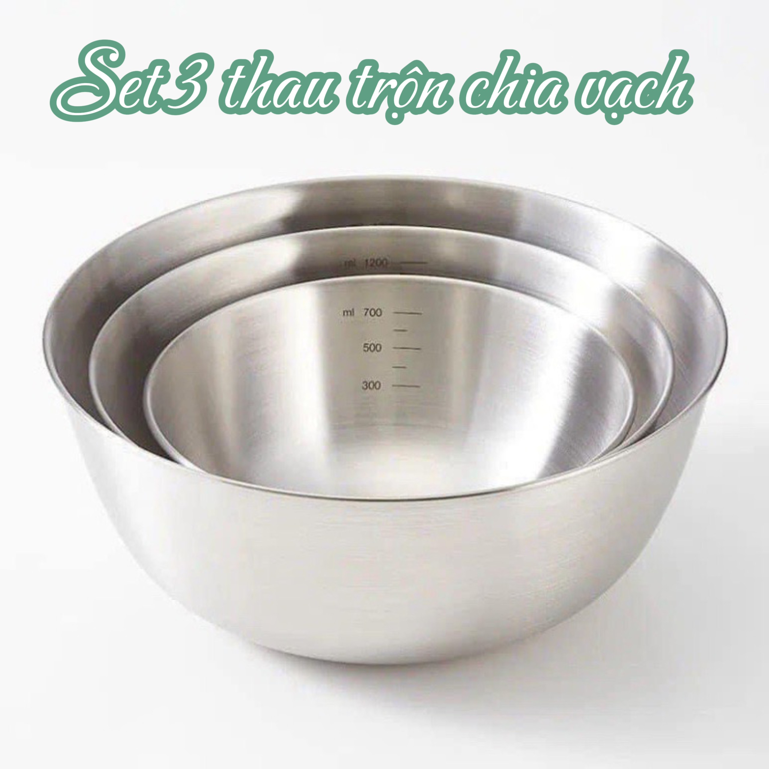 Bộ 3 thau chia vạch, bát âu trộn bột trộn salad inox 304 size lớn có vạch chia 17-19.5-24cm chống dính, tô trộn bột, tô inox, tô nhựa, tô có vạch chia, bát inox , bát nhựa, thau inox, thau nhựa, thau có vạch chia, thau đựng thức ăn