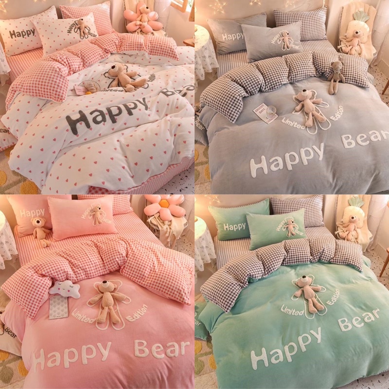 Set 4 món chăn ga gối nỉ nhung tặng kèm 2 con “gấu happy bear” cute