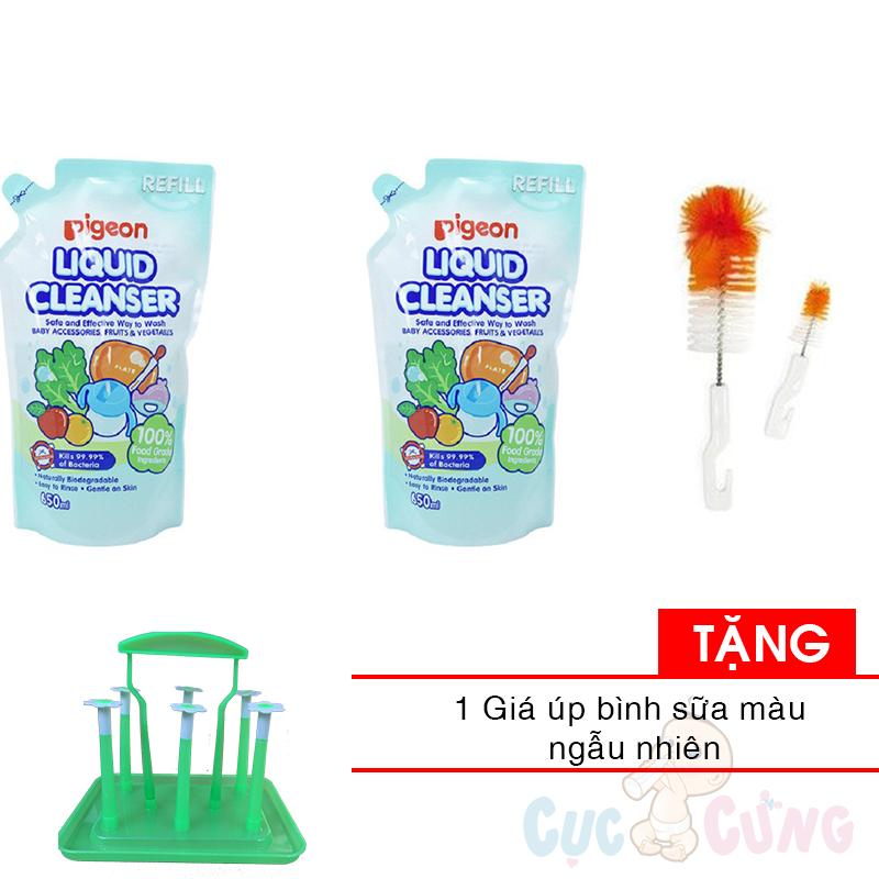 2 bịch Nước rửa bình sữa Pigeon 650ml + cọ rửa binh sua Tặng 1 giá úp bình sữa - nuoc rua binh sua