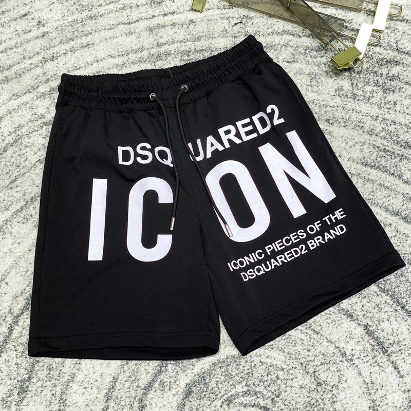Quần short nam nỉ chân cua Dsq2 in chữ ICON trắng cạp chun dây thắt đầu bọc sắt phong cách boy phố QS53P