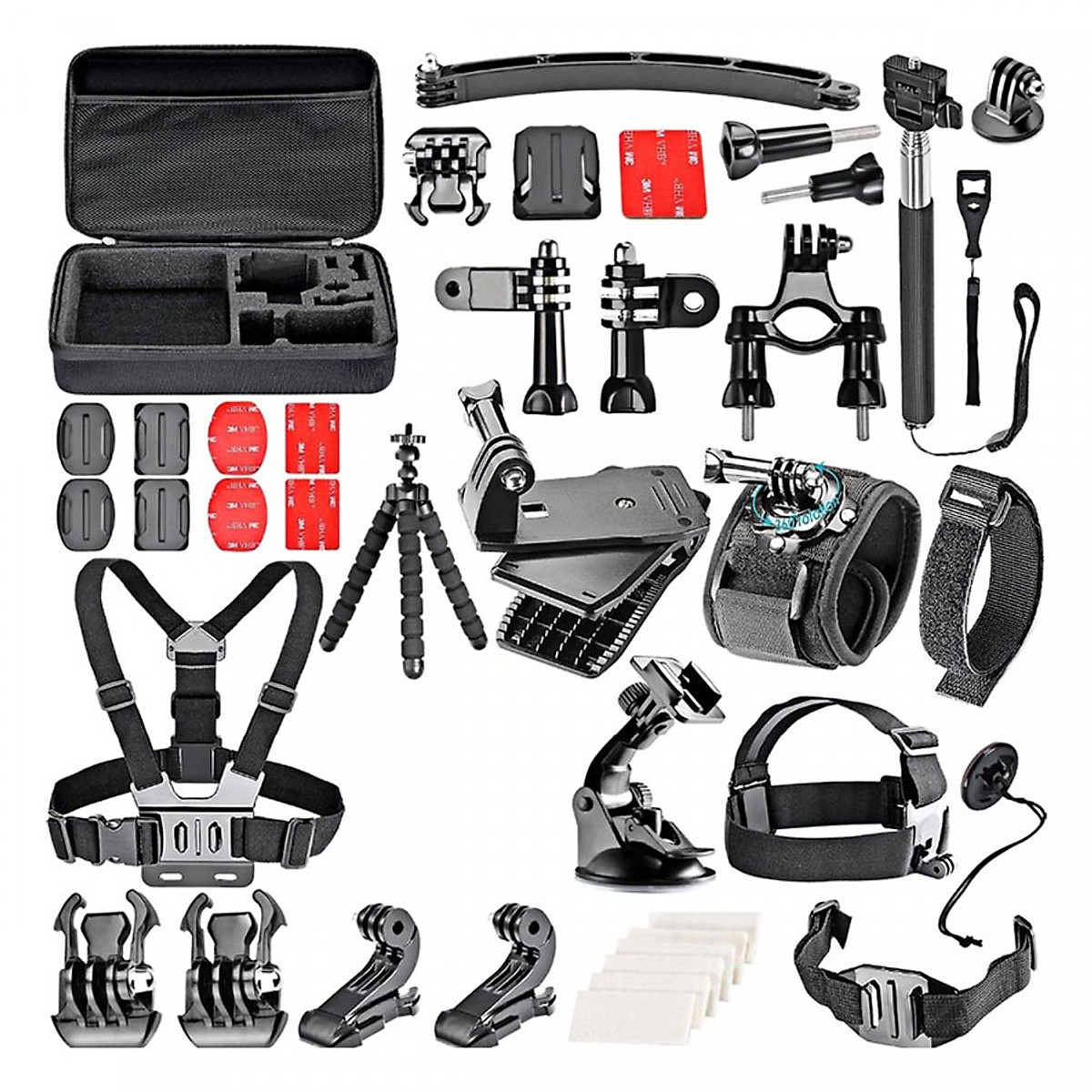 Bộ phụ kiện 50 in 1 cho gopro hộp đựng cao cấp tặng kèm phao nổi - black