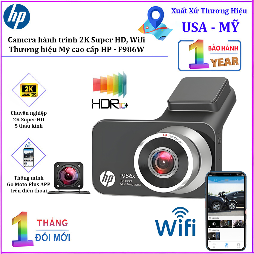 Camera hành trình ô tô độ phân giải 2k super hd, wifi. thương hiệu mỹ cao cấp hp - f986w. bảo hành 12 tháng