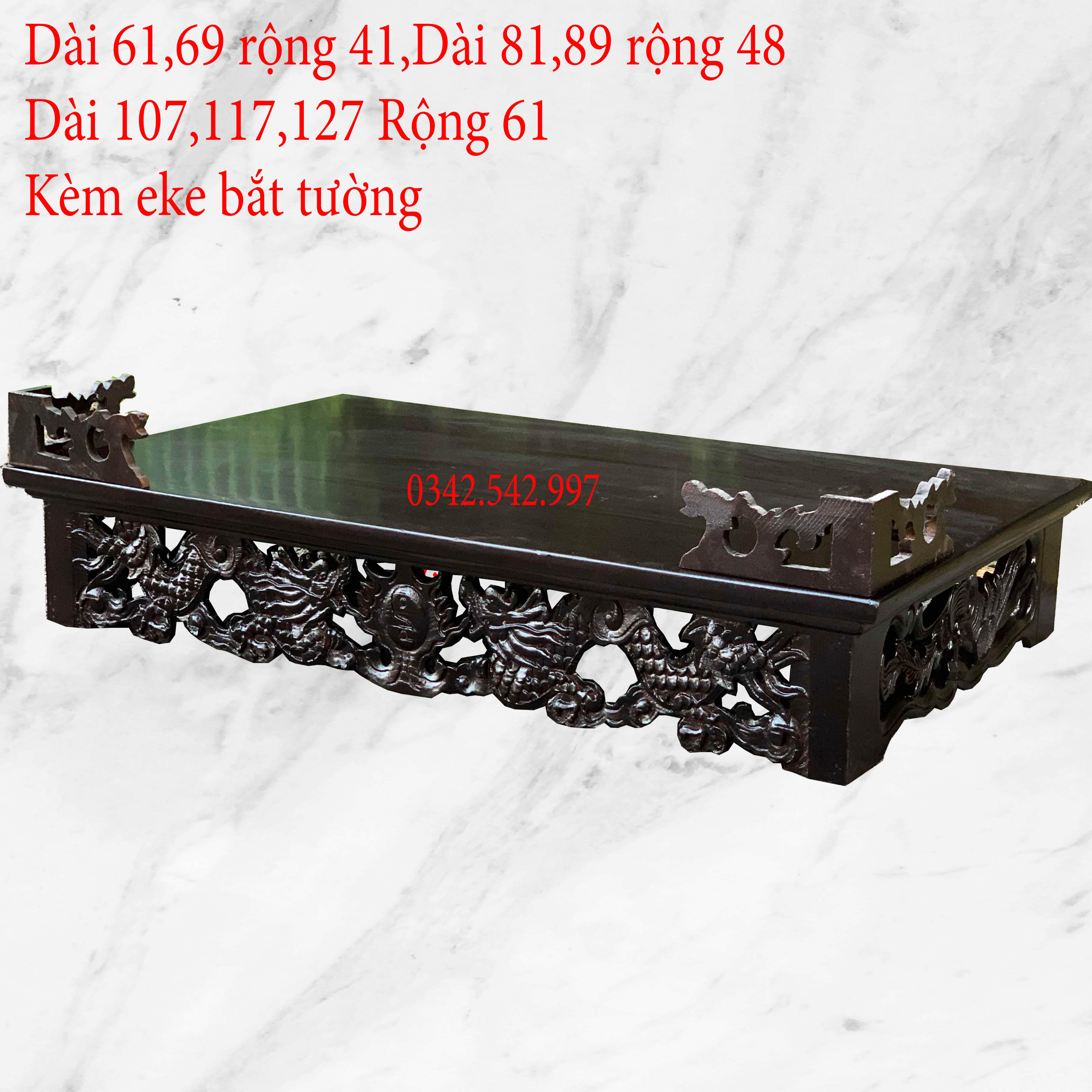 Bàn thờ gia tiên treo tường trạm rồng gỗ pơ mu kèm eke bắt tường