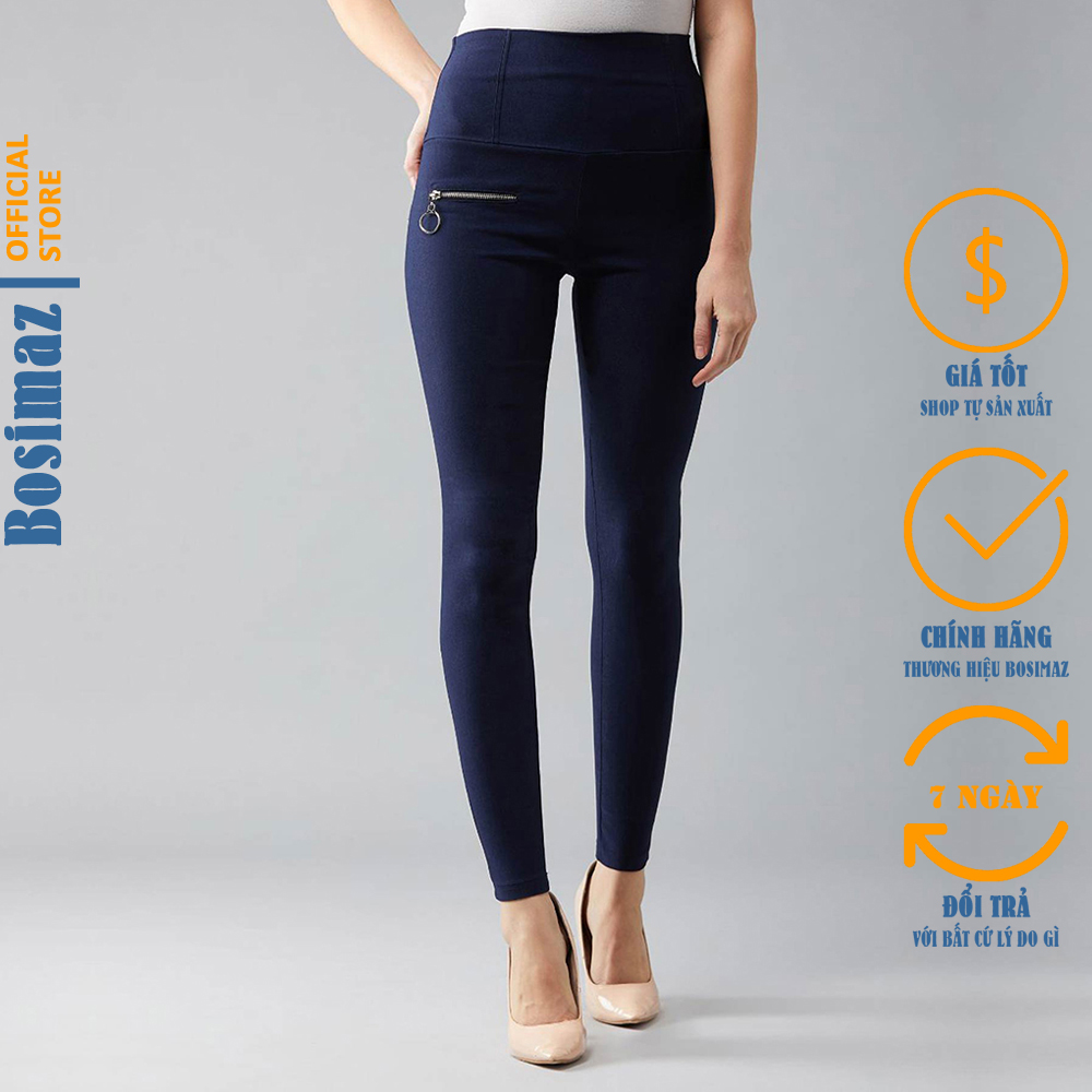 Quần Legging Nữ Bosimaz MS253 dài túi sau màu xanh navy có khóa kéo bên phải thun co giãn 4 chiều vải đẹp dày thoáng mát không xù lông.