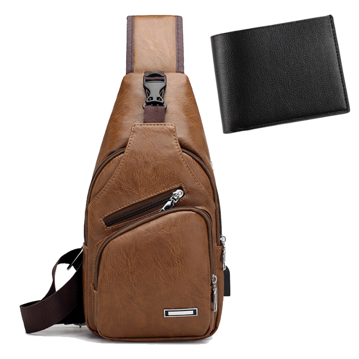 Túi đeo chéo nam da pu tích hợp cổng sạc USB tiện dụng phong cách Hàn Quốc - Túi chéo nam tặng kèm ví da