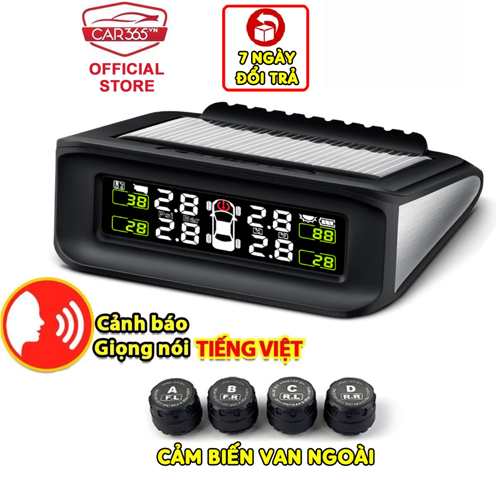 Cảm biến áp suất lốp ô tô xe hơi cao cấp Car365vn - Pin sạc năng lượng mặt trời, màn hình Màu LCD hiển thị Thông Minh