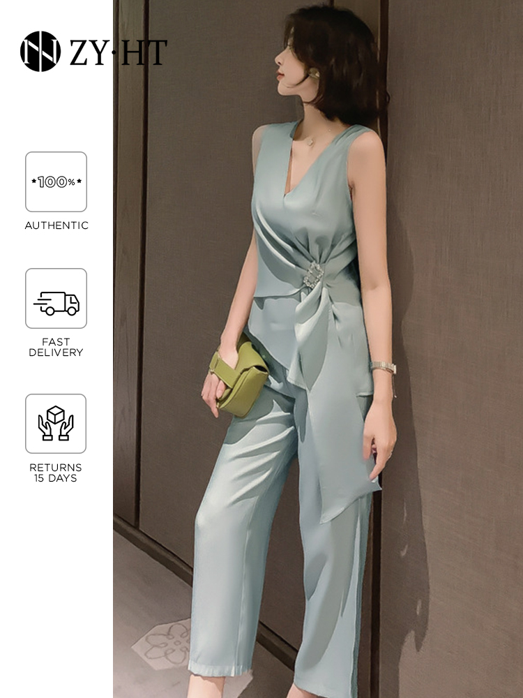 ZYHT eravogue set nữ set đồ xinh Bộ 2 mảnh áo sơ mi nữ và quần âu, bộ đồ thời trang, áo thẳng + quần thẳng cùng màu bộ quần áo áo trễ vai áo sơ mi thời trang 1982