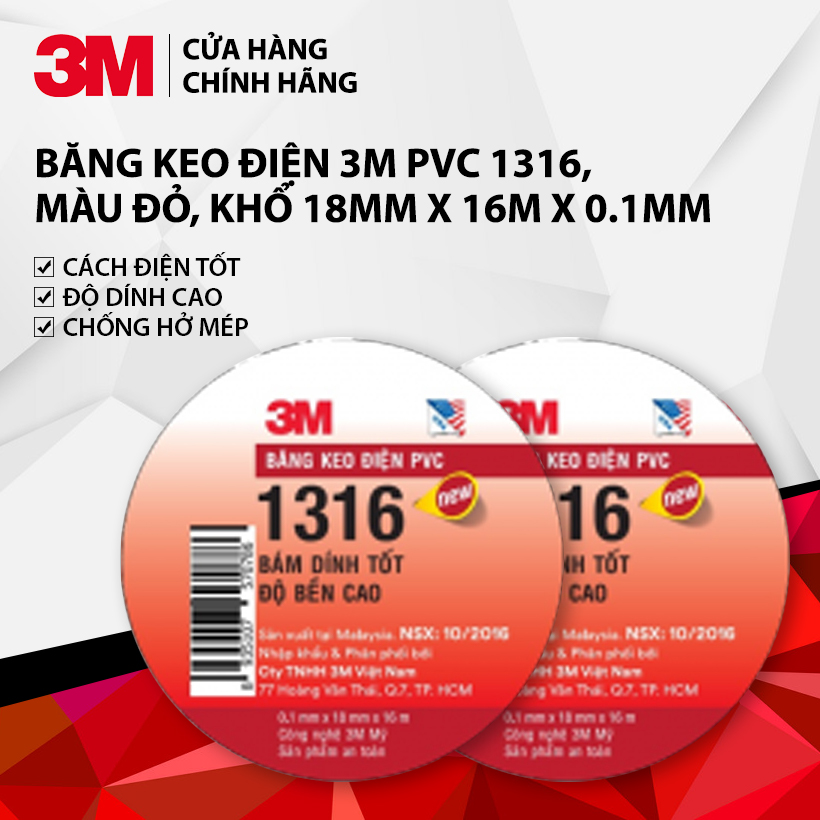 [Combo 2 Cuộn] Băng keo điện 3M PVC 1316, màu đỏ, khổ 18mm x 16m x 0.1mm