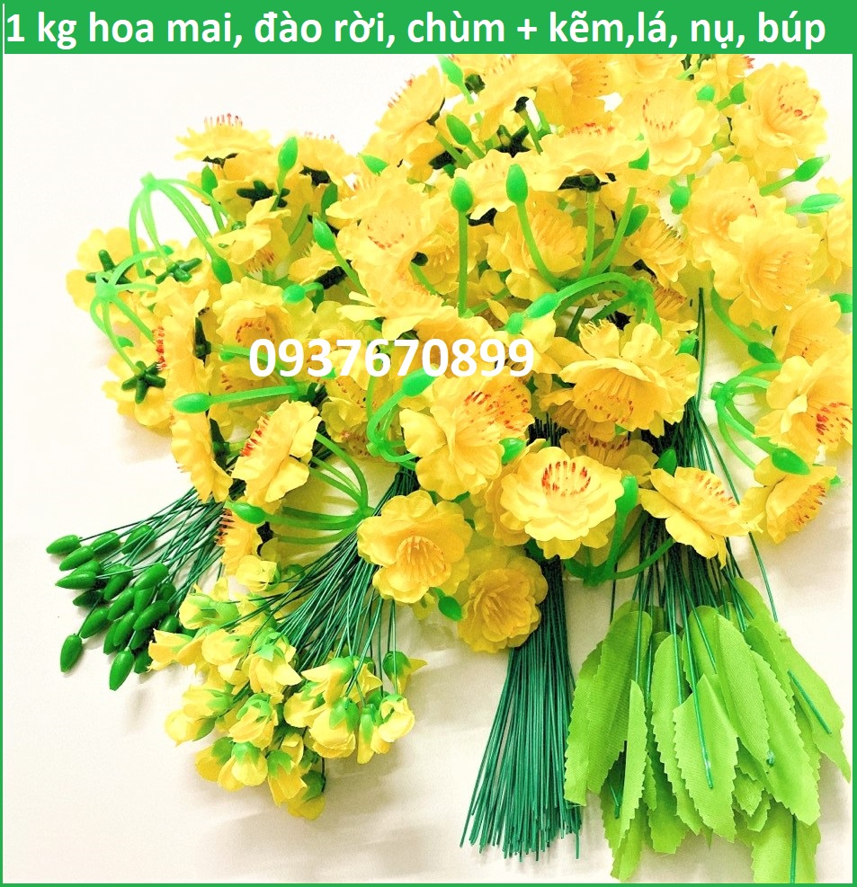 [HCM]0.5 kg hoa mai giả, hoa đào giả bằng vải gồm kẽm lá nụ xanh búp để gắn cây mai đào, hàng đẹp, chất lượng