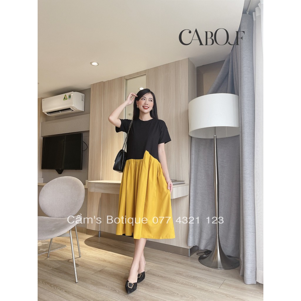 Đầm thun suông cabouf váy suông dáng dài phối chéo ly xanh vàng freesize thoải mái d10