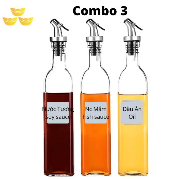 [HCM](Combo 3 chai) đựng dầu ăn - bình rót dấm nước tương nước mắm mật ong TẶNG (3 nắp nhôm + 3 vòi chiết) Dung Tích 500ml KN-CD042-3