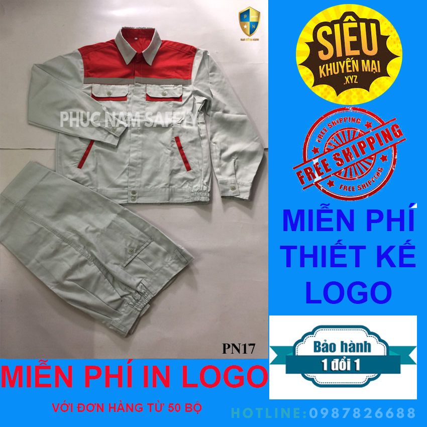 Quần áo bảo hộ lao động PN17 - ghi sáng phối đỏ có phản quang, quần áo bảo hộ lao động, quần áo bảo hộ giá rẻ, quần áo bảo hộ chất lượng, quần áo bảo hộ lao động, đồng phục công nhân, đồng phục kỹ sư, đồng phục công ty, bảo hộ lao động Phúc Nam