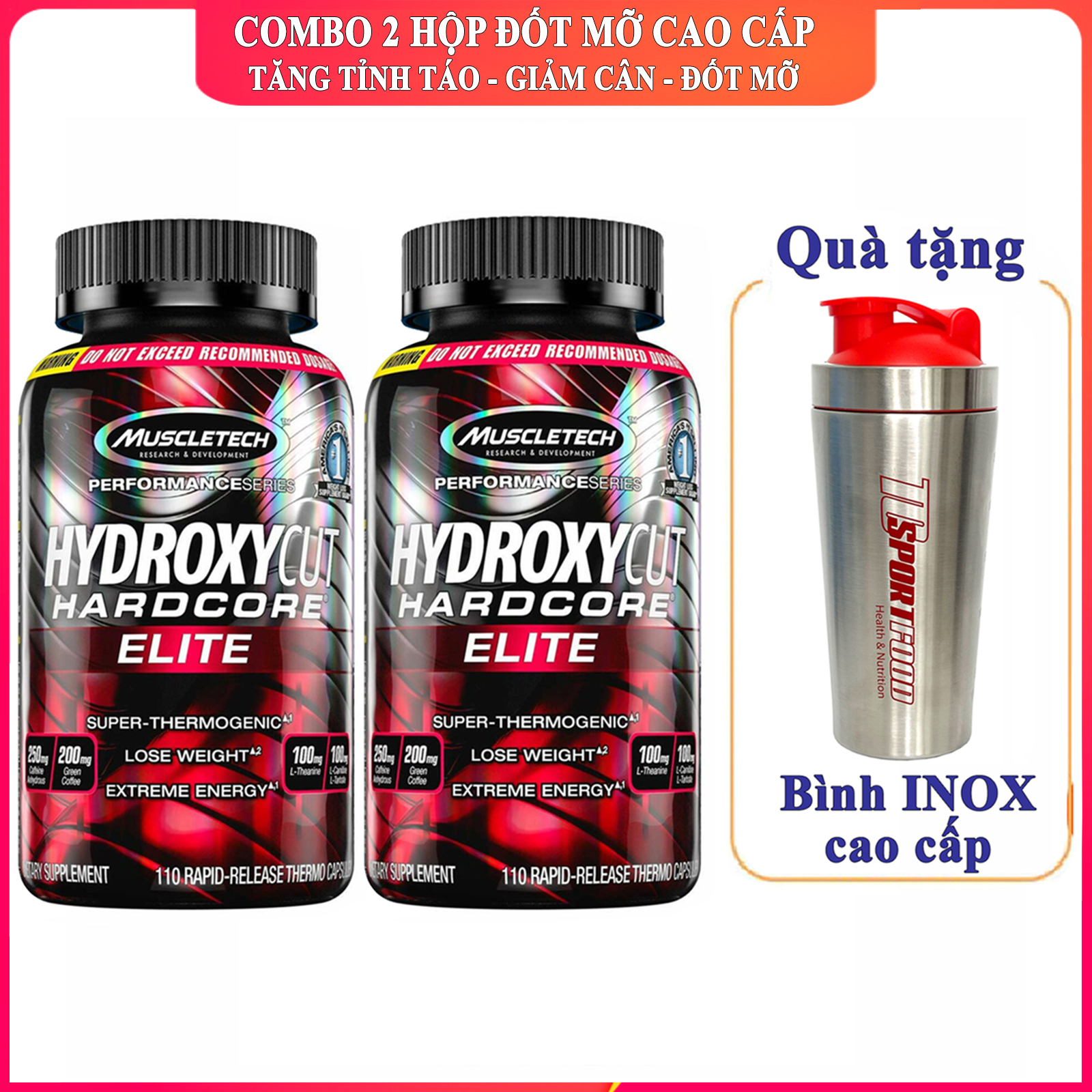 Combo 2 hộp đốt mỡ cực mạnh Hydroxycut Hardcore Elite của MuscleTech hộp 180 viên hỗ trợ đốt mỡ, giảm cân, tăng sức bền sức mạnh vượt trội cho người tập gym và chơi thể thao - thuc pham chuc nang