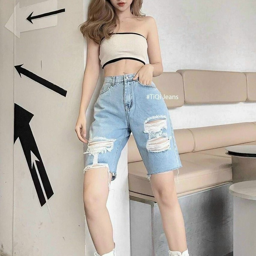 Quần jeans ngố nữ rách lửng lưng cao tôn dáng manfashion j1230