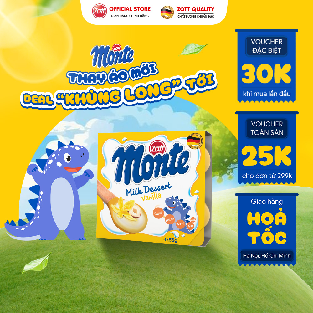 Giao Hoả tốc - Váng sữa Zott Monte vị Vani nhập khẩu từ ĐỨC (vỉ - 55g x 4 hũ) từ Sữa tươi, KHÔNG chất bảo quản