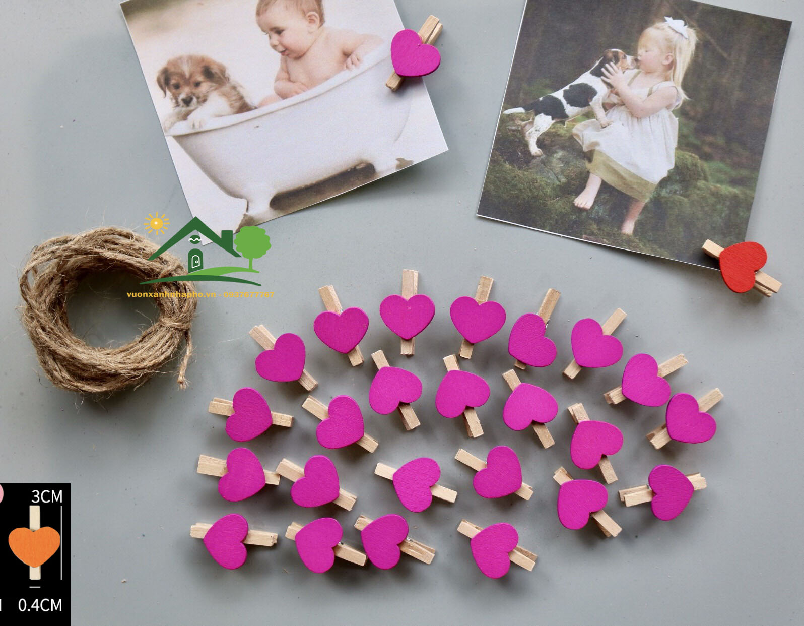 [HCM]Bộ 100 kẹp gỗ trái tim màu treo hình ảnh tặng 10 mét dây thường size 3x0.4cm