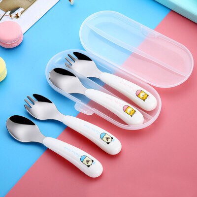[Có hộp đựng ] Set muỗng (thìa) nĩa cho bé tập xúc đồ ăn - Inox chống gỉ [Babylove]