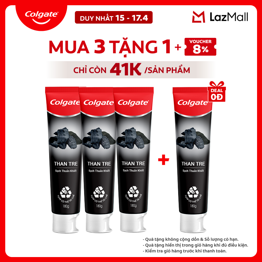 [Chỉ 15-17.4_Mua 3 tặng 1] Bộ 3 Kem đánh răng Colgate thiên nhiên khử mùi diệt khuẩn từ Than tre Hàn Quốc  bạc hà 180g/ tuýp