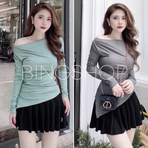 Áo body lệch vai - áo thun nữ dài tay vạt chéo vải bozip cao cấp 5 màu freeship