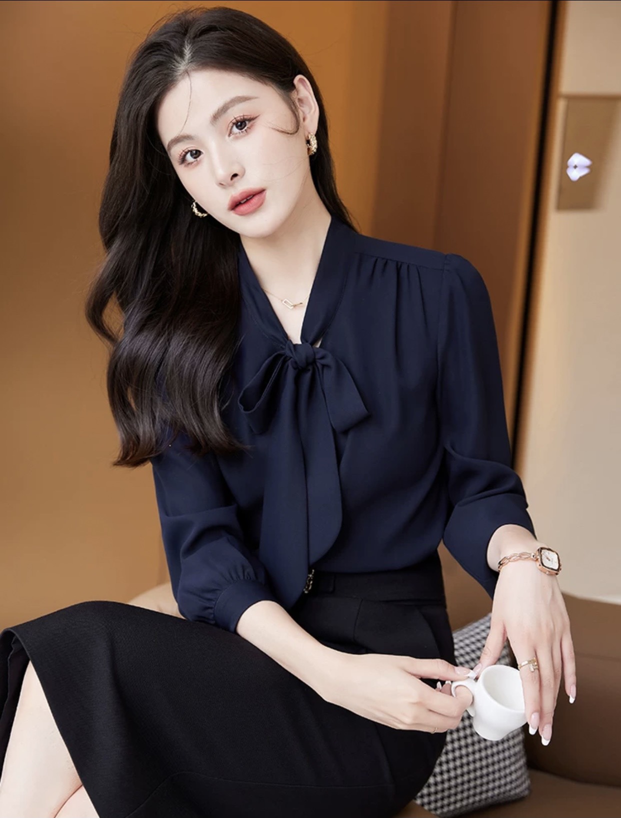 Áo sơ mi trung niên nữ ht store_áo sơ mi nữ đẹp tay dài cổ nơ v cao cấp
