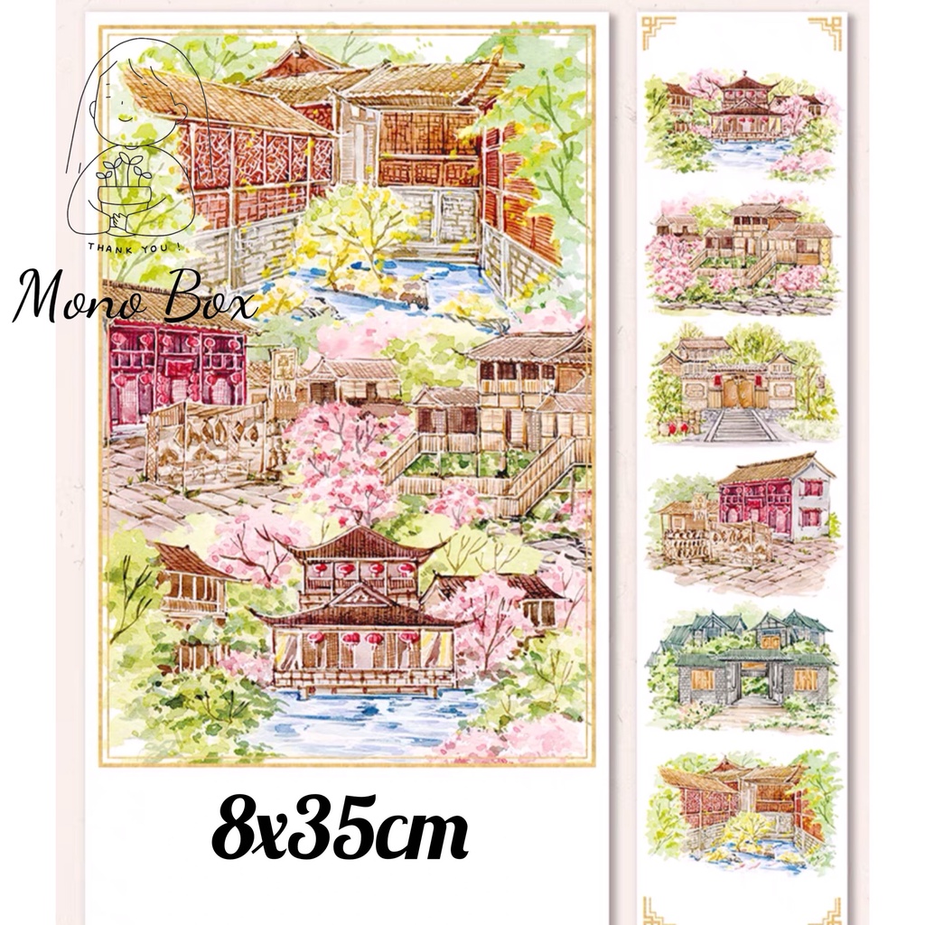 Chiết] Washi tape 8x35cm chủ đề phong cảnh cổ phong, băng dán trang trí làm  tranh washi Monobox 