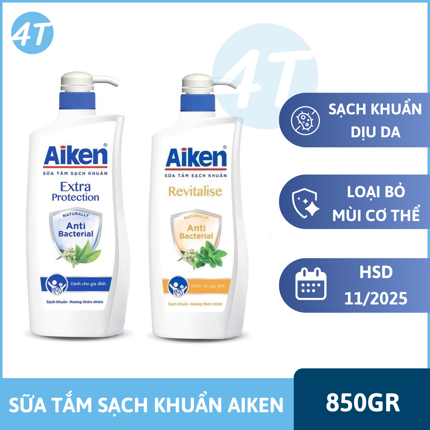 Sữa tắm Aiken 850gr - Sữa tắm sạch khuẩn chiết xuất bạc hà và trà xanh kháng khuẩn khử mùi giảm mồ hôi mềm da dưỡng da